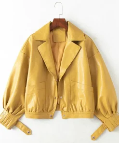 womens-snap-button-yellow-faux-leather-bomber-jacket