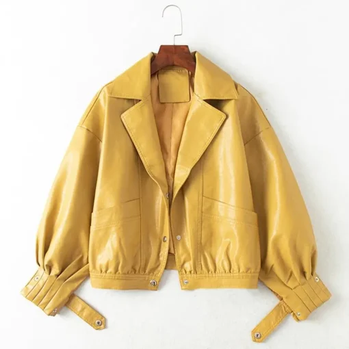 womens-snap-button-yellow-faux-leather-bomber-jacket