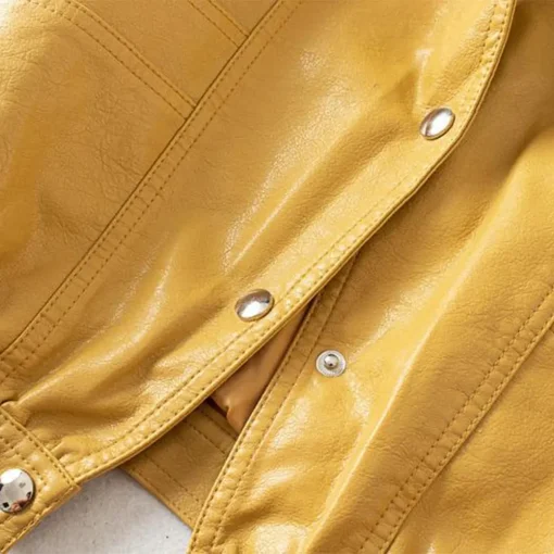 womens-snap-button-yellow-faux-leather-bomber-jacket