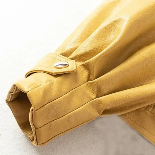 womens-snap-button-yellow-faux-leather-bomber-jacket