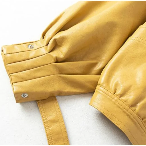 womens-snap-button-yellow-faux-leather-bomber-jacket