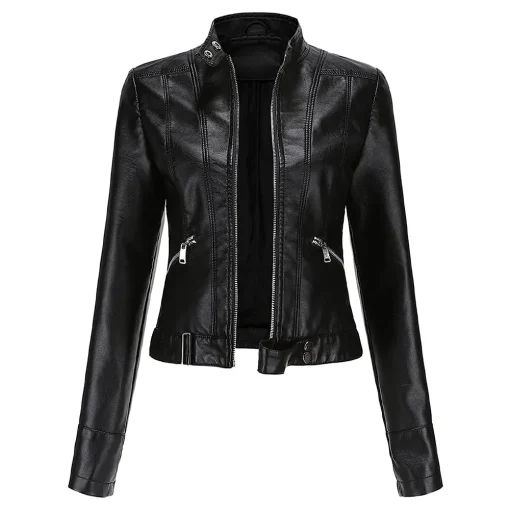 womens-stand-collar-black-faux-leather-short-jacket