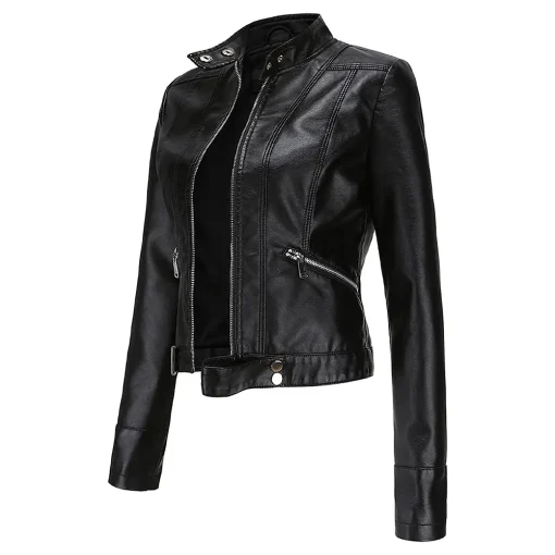 womens-stand-collar-black-faux-leather-short-jacket