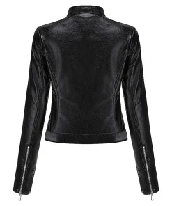 womens-stand-collar-black-faux-leather-short-jacket