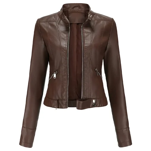 womens-stand-collar-brown-faux-leather-short-jacket