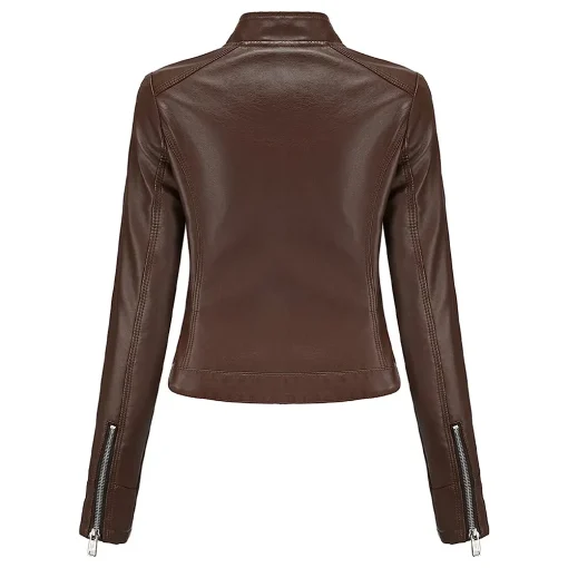 womens-stand-collar-brown-faux-leather-short-jacket