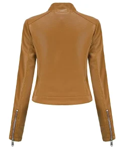 womens-stand-collar-camel-faux-leather-short-jacket