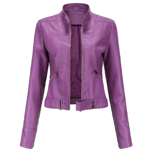 womens-stand-collar-purple-faux-leather-short-jacket