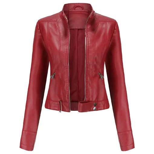 womens-stand-collar-red-faux-leather-short-jacket