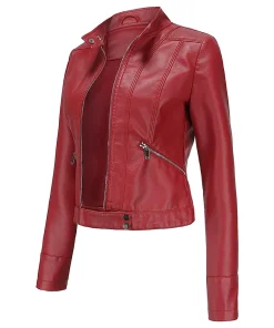 womens-stand-collar-red-faux-leather-short-jacket