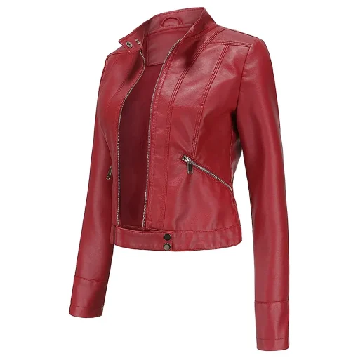 womens-stand-collar-red-faux-leather-short-jacket