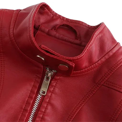 womens-stand-collar-red-faux-leather-short-jacket