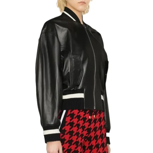 womens-stripe-trim-black-faux-leather-bomber-jacket