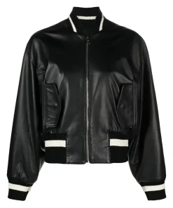 womens-stripe-trim-black-faux-leather-bomber-jacket