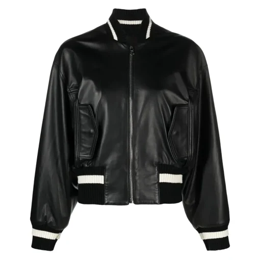 womens-stripe-trim-black-faux-leather-bomber-jacket