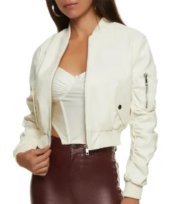 womens-white-faux-leather-ruched-sleeve-bomber-jacket