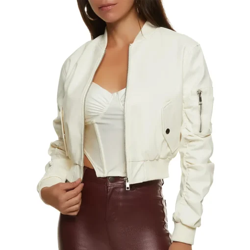 womens-white-faux-leather-ruched-sleeve-bomber-jacket