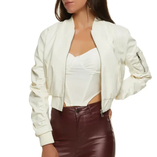 womens-white-faux-leather-ruched-sleeve-bomber-jacket