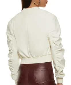 womens-white-faux-leather-ruched-sleeve-bomber-jacket