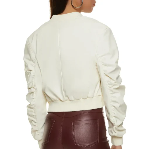 womens-white-faux-leather-ruched-sleeve-bomber-jacket