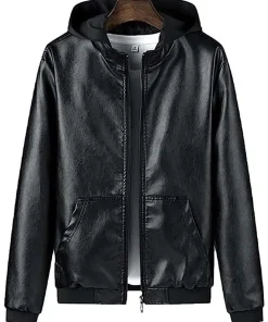 mens-black-faux-leather-hooded-bomber-jacket