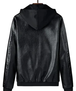 mens-black-faux-leather-hooded-bomber-jacket