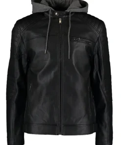 mens-black-faux-leather-hooded-jacket