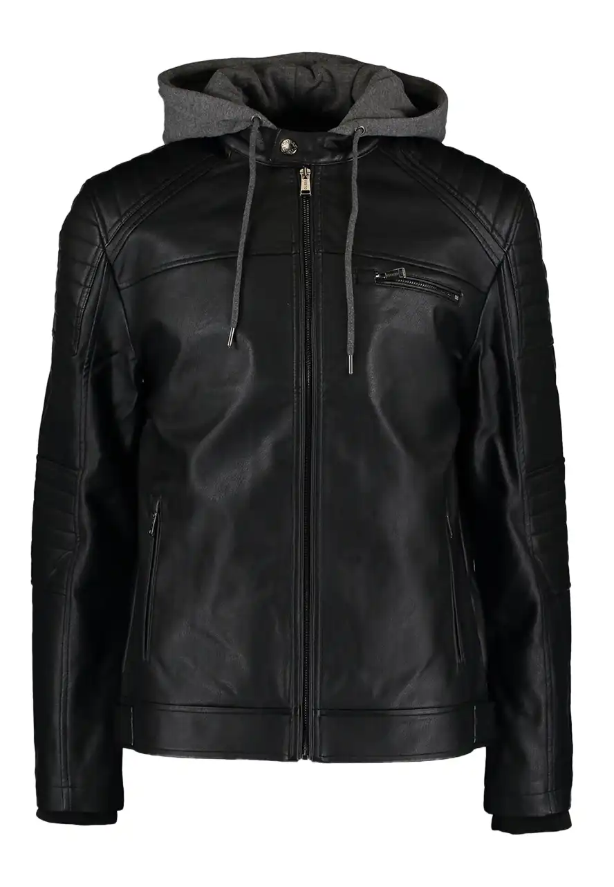mens-black-faux-leather-hooded-jacket-1 mens-black-faux-leather-hooded-jacket