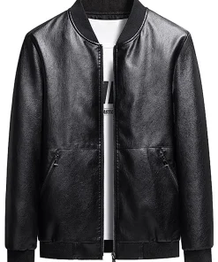 mens-black-faux-leather-simple-look-bomber-jacket