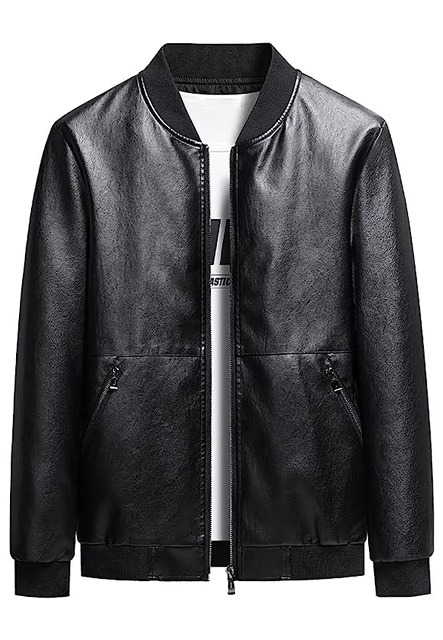 mens-black-faux-leather-simple-look-bomber-jacket-1 mens-black-faux-leather-simple-look-bomber-jacket