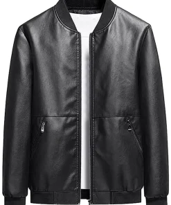 mens-black-faux-leather-simple-look-bomber-jacket