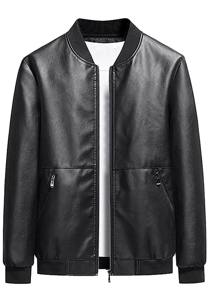 mens-black-faux-leather-simple-look-bomber-jacket-2 mens-black-faux-leather-simple-look-bomber-jacket