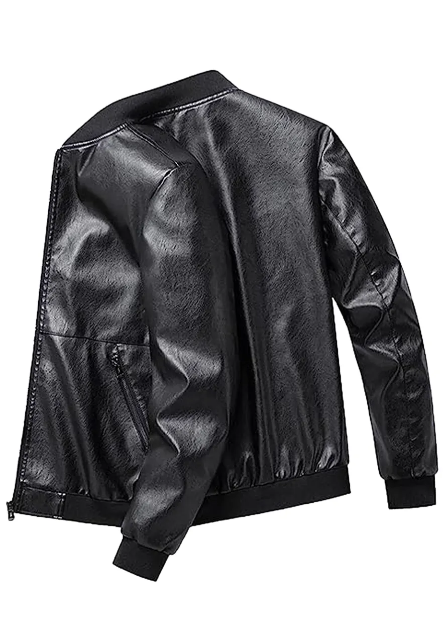 mens-black-faux-leather-simple-look-bomber-jacket-3 mens-black-faux-leather-simple-look-bomber-jacket