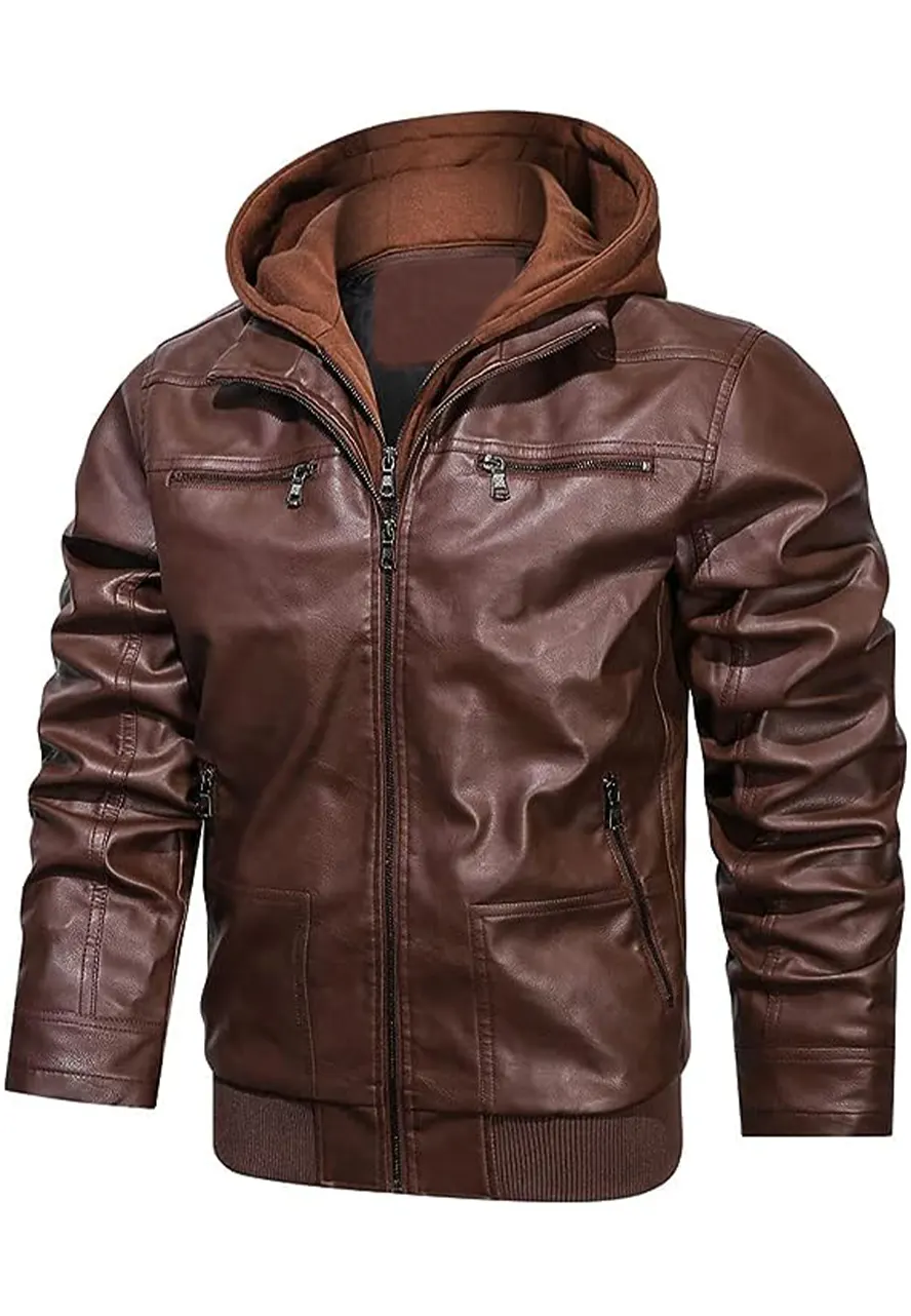 mens-brown-faux-leather-bomber-jacket-with-removable-hood-1 mens-brown-faux-leather-bomber-jacket-with-removable-hood