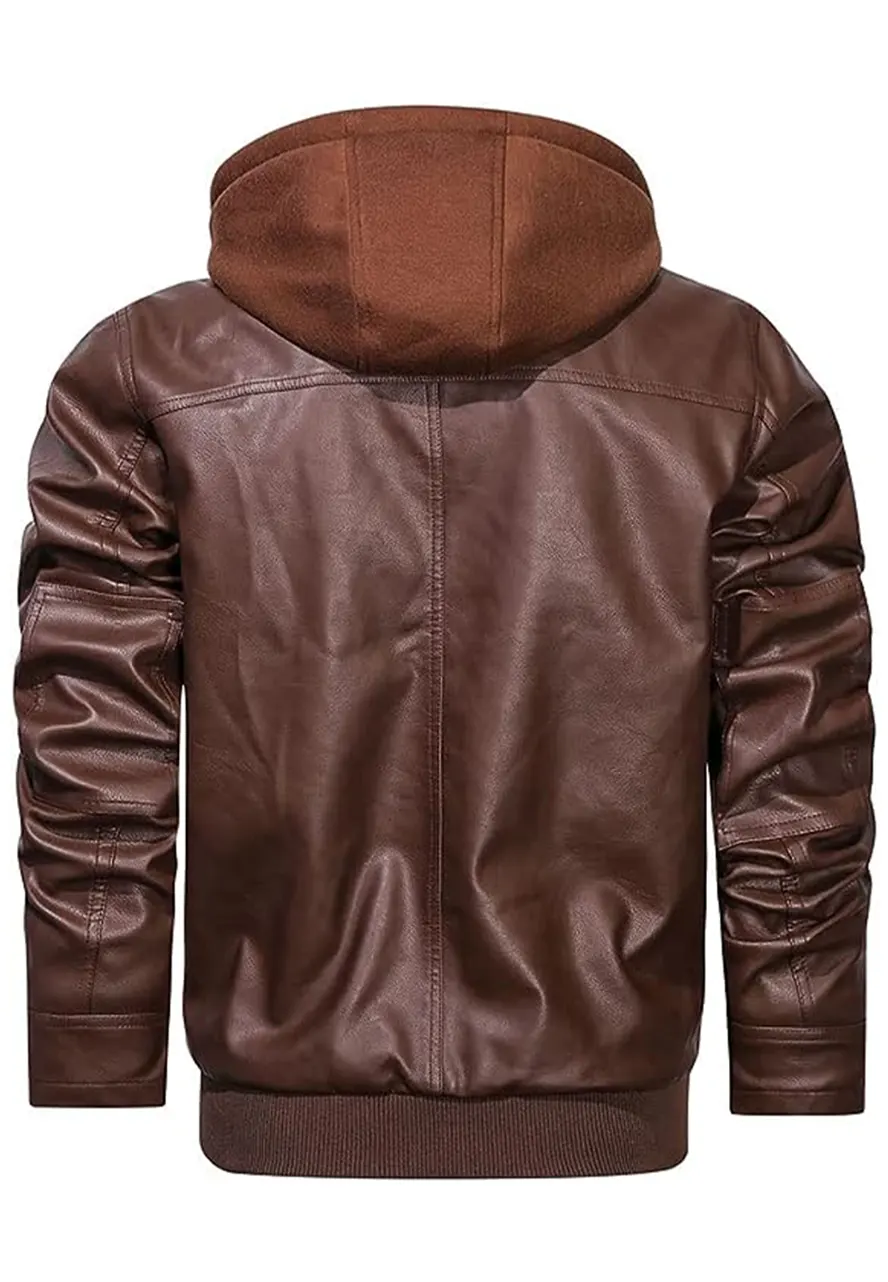 mens-brown-faux-leather-bomber-jacket-with-removable-hood-2 mens-brown-faux-leather-bomber-jacket-with-removable-hood
