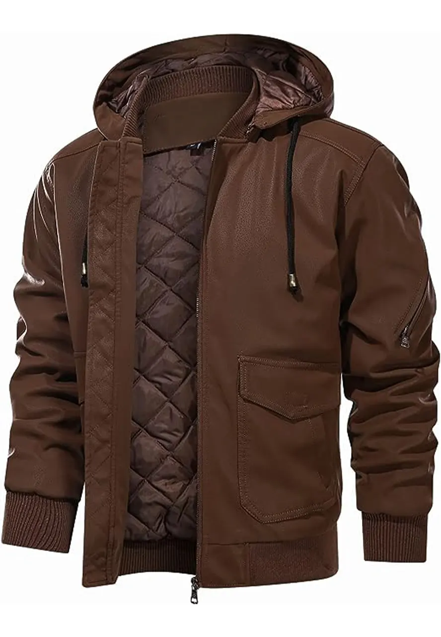 mens-casual-brown-faux-leather-bomber-jacket-with-removable-hood-1 mens-casual-brown-faux-leather-bomber-jacket-with-removable-hood