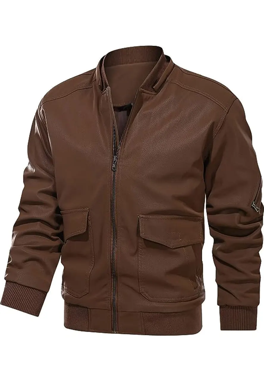 mens-casual-brown-faux-leather-bomber-jacket-with-removable-hood-2 mens-casual-brown-faux-leather-bomber-jacket-with-removable-hood