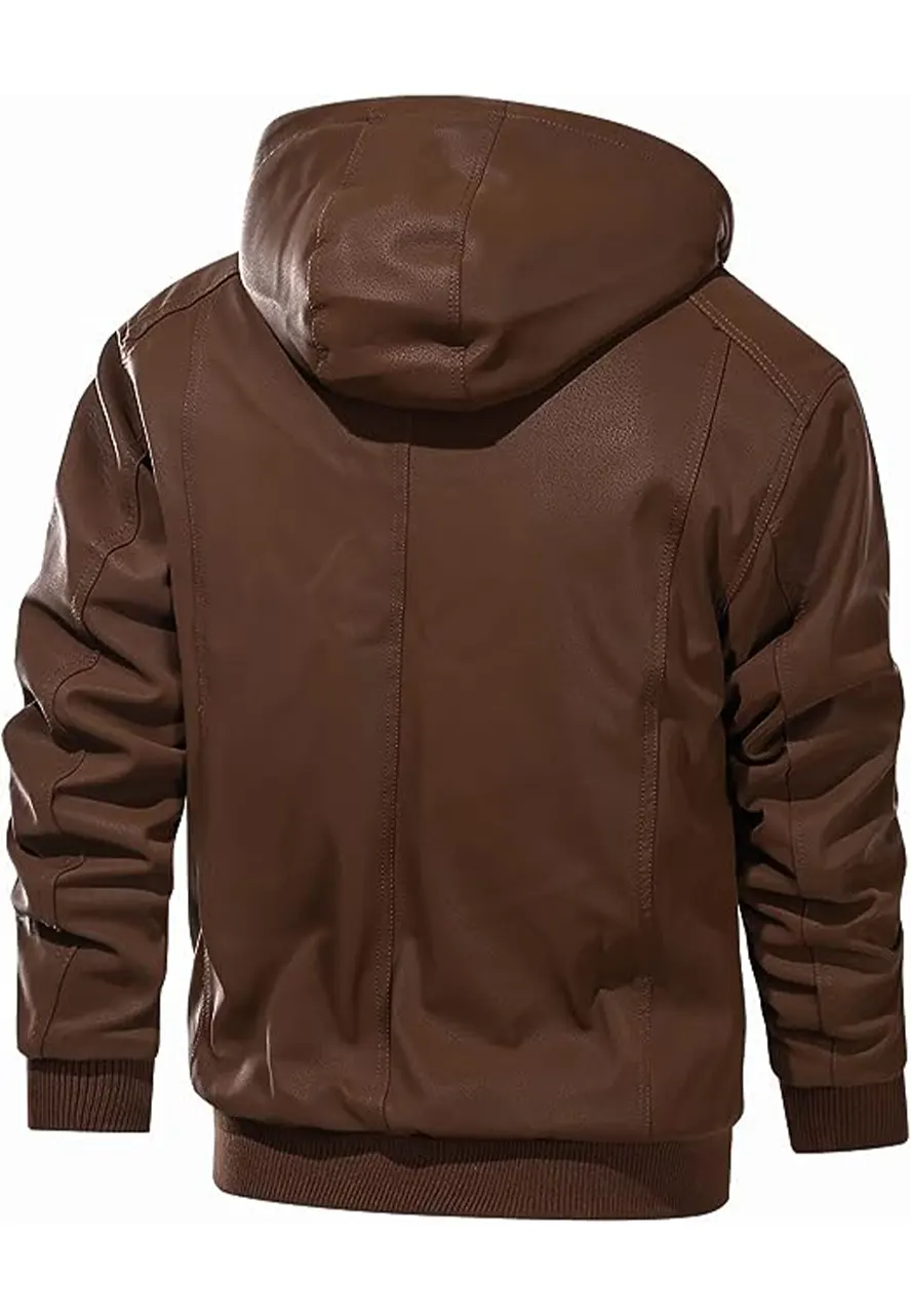 mens-casual-brown-faux-leather-bomber-jacket-with-removable-hood-3 mens-casual-brown-faux-leather-bomber-jacket-with-removable-hood