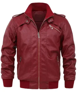 mens-casual-full-zip-maroon-faux-leather-bomber-jacket