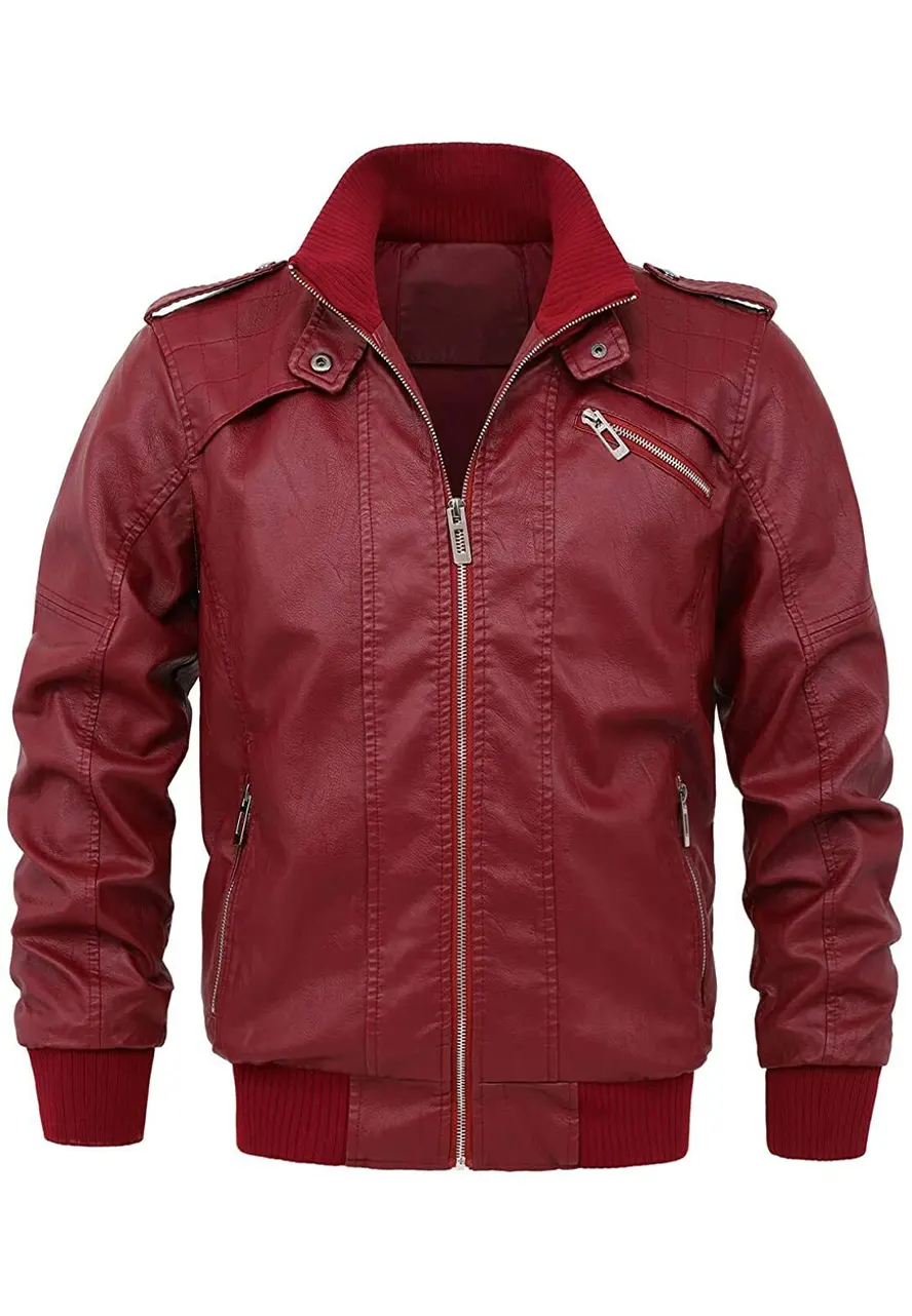 mens-casual-full-zip-maroon-faux-leather-bomber-jacket-1 mens-casual-full-zip-maroon-faux-leather-bomber-jacket