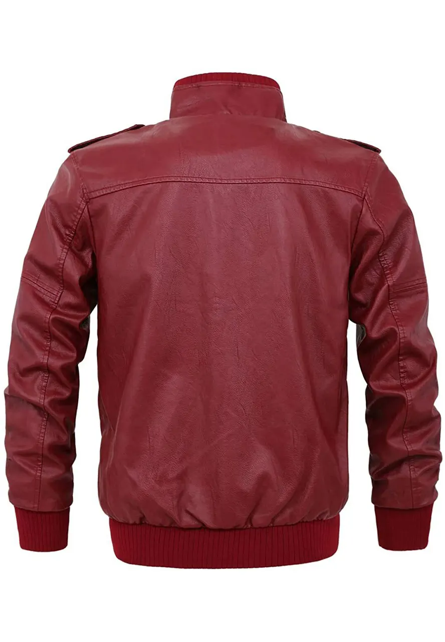 mens-casual-full-zip-maroon-faux-leather-bomber-jacket-2 mens-casual-full-zip-maroon-faux-leather-bomber-jacket