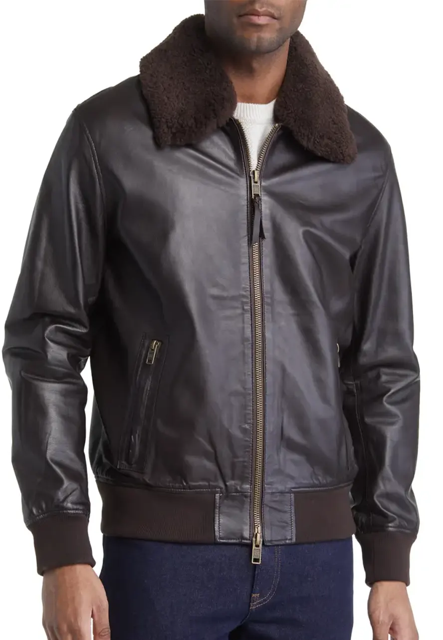 mens-dark-brown-faux-leather-bomber-jacket-with-shearling-collar-1 mens-dark-brown-faux-leather-bomber-jacket-with-shearling-collar