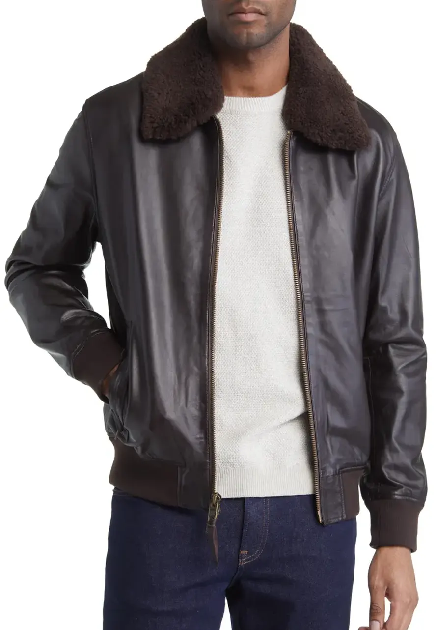 mens-dark-brown-faux-leather-bomber-jacket-with-shearling-collar-2 mens-dark-brown-faux-leather-bomber-jacket-with-shearling-collar
