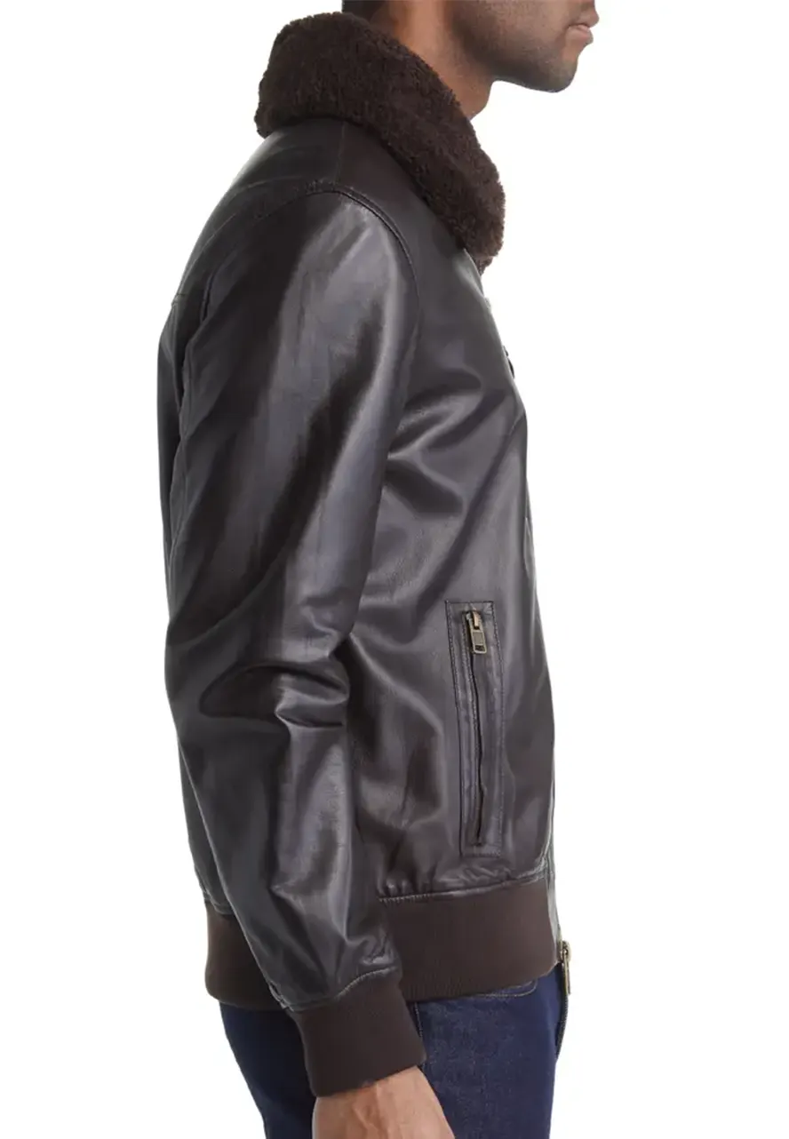 mens-dark-brown-faux-leather-bomber-jacket-with-shearling-collar-3 mens-dark-brown-faux-leather-bomber-jacket-with-shearling-collar