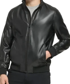 mens-elegant-black-faux-leather-bomber-jacket