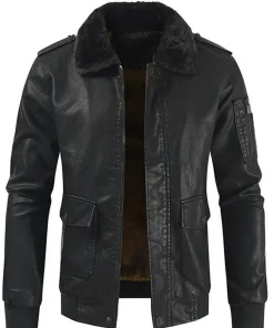 mens-fleece-lined-black-faux-leather-bomber-jacket