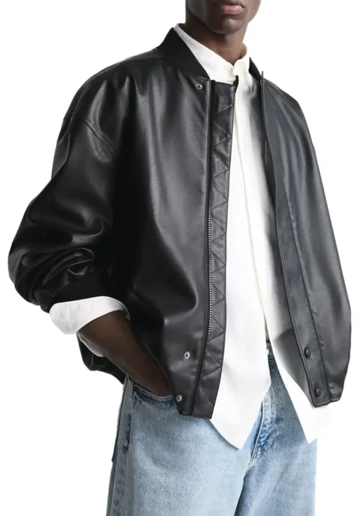 mens-high-collar-black-faux-leather-bomber-jacket