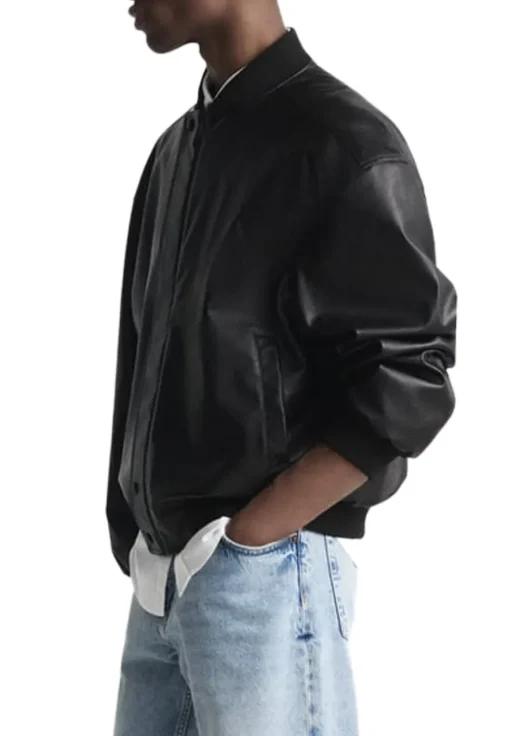 mens-high-collar-black-faux-leather-bomber-jacket