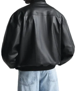 mens-high-collar-black-faux-leather-bomber-jacket