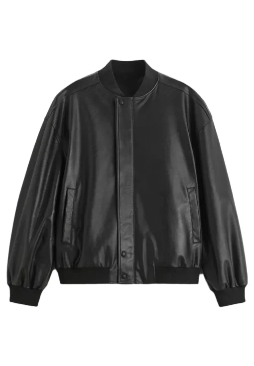 mens-high-collar-black-faux-leather-bomber-jacket